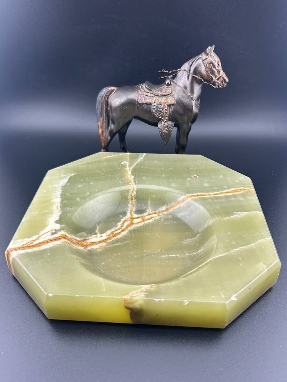Art Deco Antique Solid Bronze Horse Green Onyx Ashtray Catchall Equestrian READ